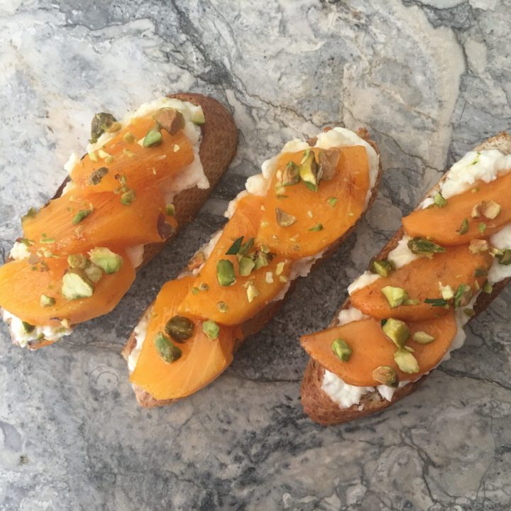 Persimmon Bruschetta with Pistachios and Honey