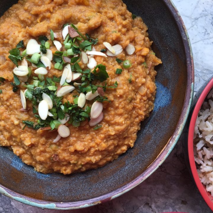 Slow-Cooker Red Curry Lentil Stew with Sweet Potatoes and Cauliflower